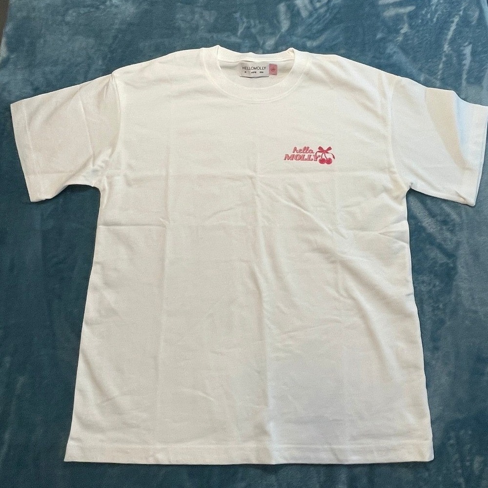Hello Molly White Cherry Graphic T-Shirt Pink Logo Short Sleeve Cotton Medium
